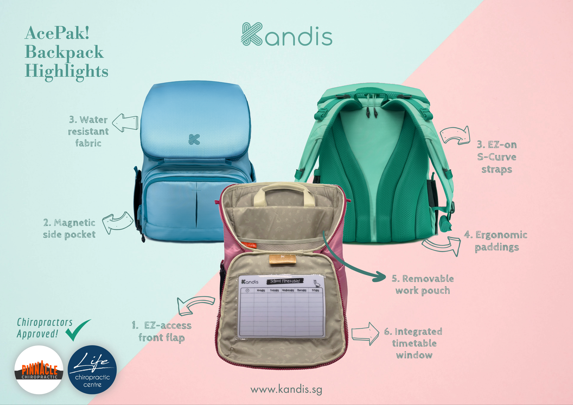 Kandis AcePak Backpack features with pink backpack on a light blue and pink background