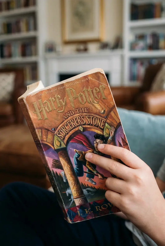 A person holding a copy of Harry Potter and the Sorcerer's Stone in a cozy living room setting with bookshelves in the background.