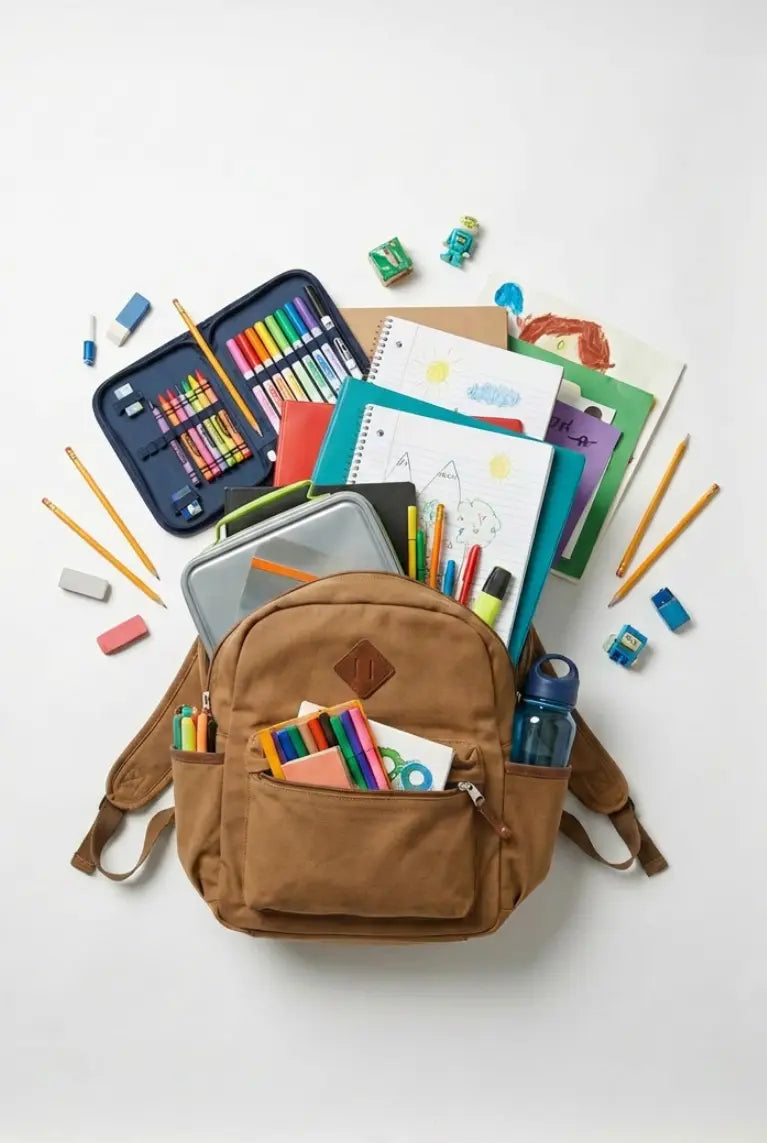 Messy school back with a child's hands packing it