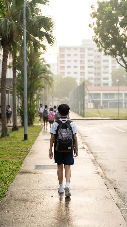Back view of a child in Singapore walking to school in hazy conditions