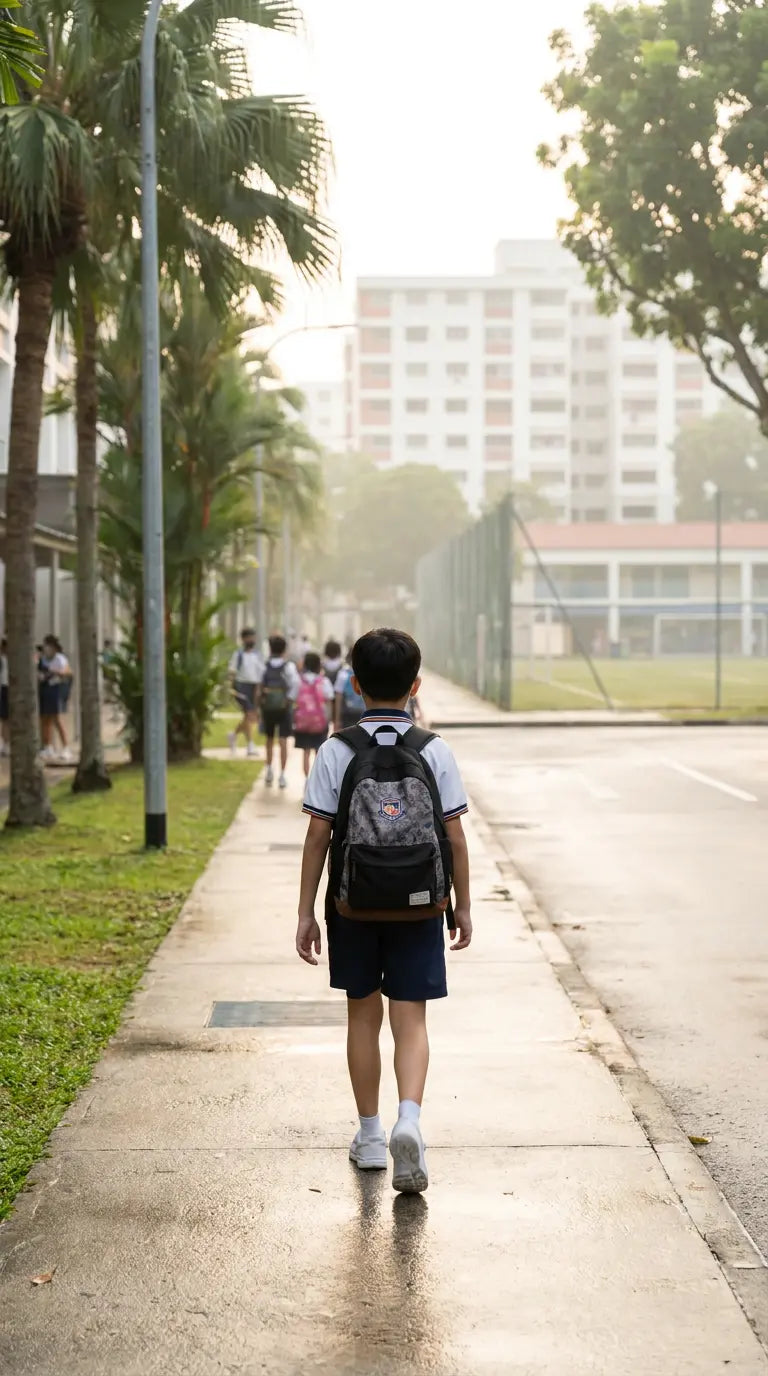 Back view of a child in Singapore walking to school in hazy conditions