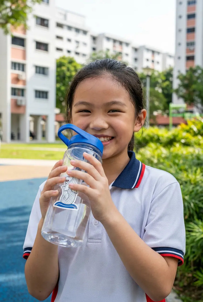 Child holding a water bottle and having a smile on her face
