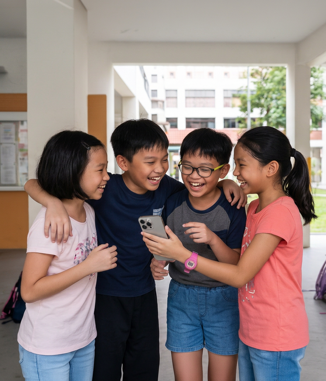 Friends gathering and chatting at a HDB void deck.