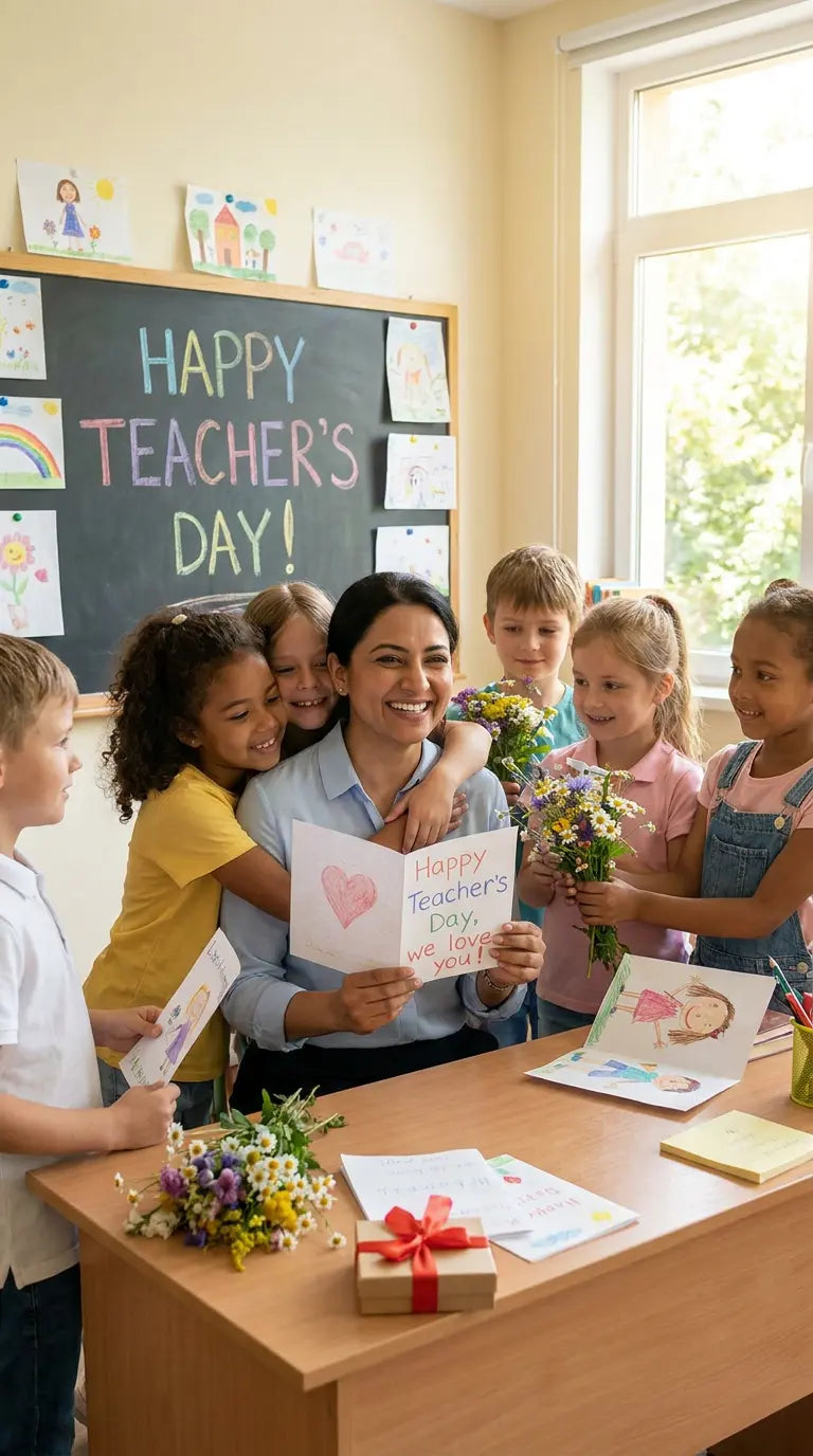 Children celebrating Teacher's day in class.