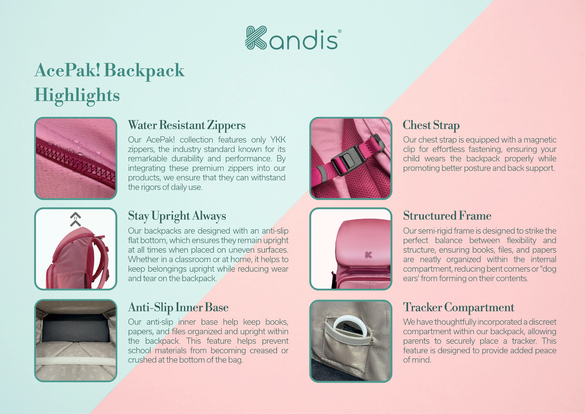 Kandis AcePak! Backpack features with text on a pink and blue background