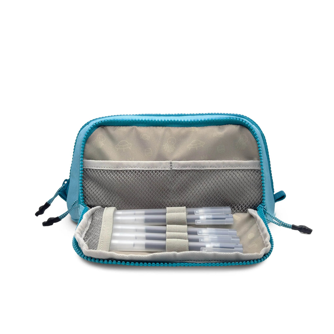 AcePak! Stationery Case front view with flap open showing stationery in sky blue
