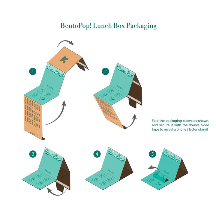 Instructions for folding BentoPop! Lunch Box Packaging into a phone or letter stand.