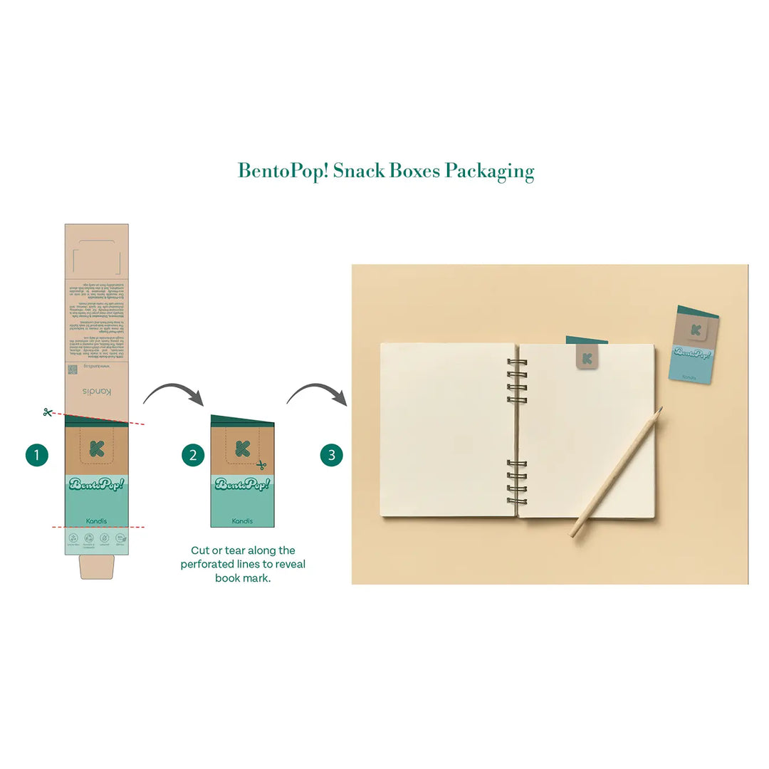 BentoPop! snack boxes packaging repurposed as a bookmark.