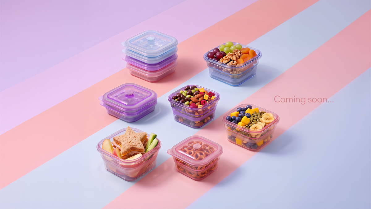 Colour lunch boxes layout on a pastel coloured backdrop.
