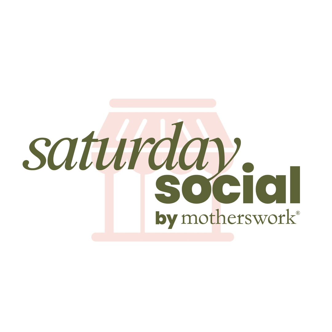 Logo for 'Saturday Social by Motherswork' with a pink chair icon on a white background.