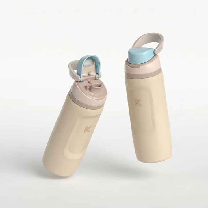 Two insulated water bottles with a matte beige body and a light blue flip-top lid, shown from different angles on a clean white background.