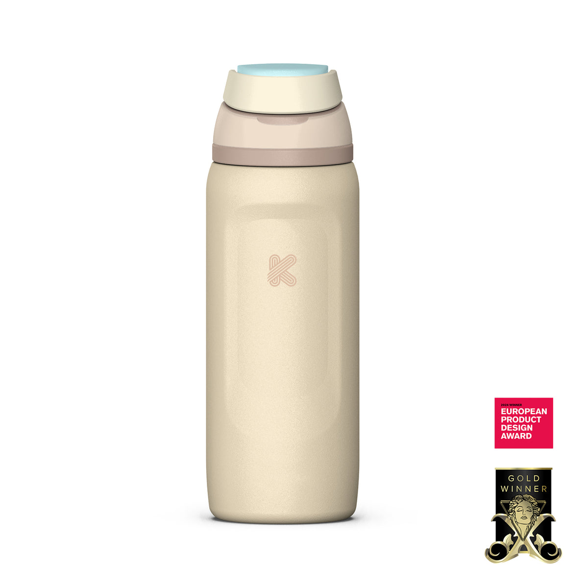 A minimalist insulated water bottle in a warm cream-beige color, featuring a light blue flip-top lid and a subtle pink logo on the front, set against a solid white background.