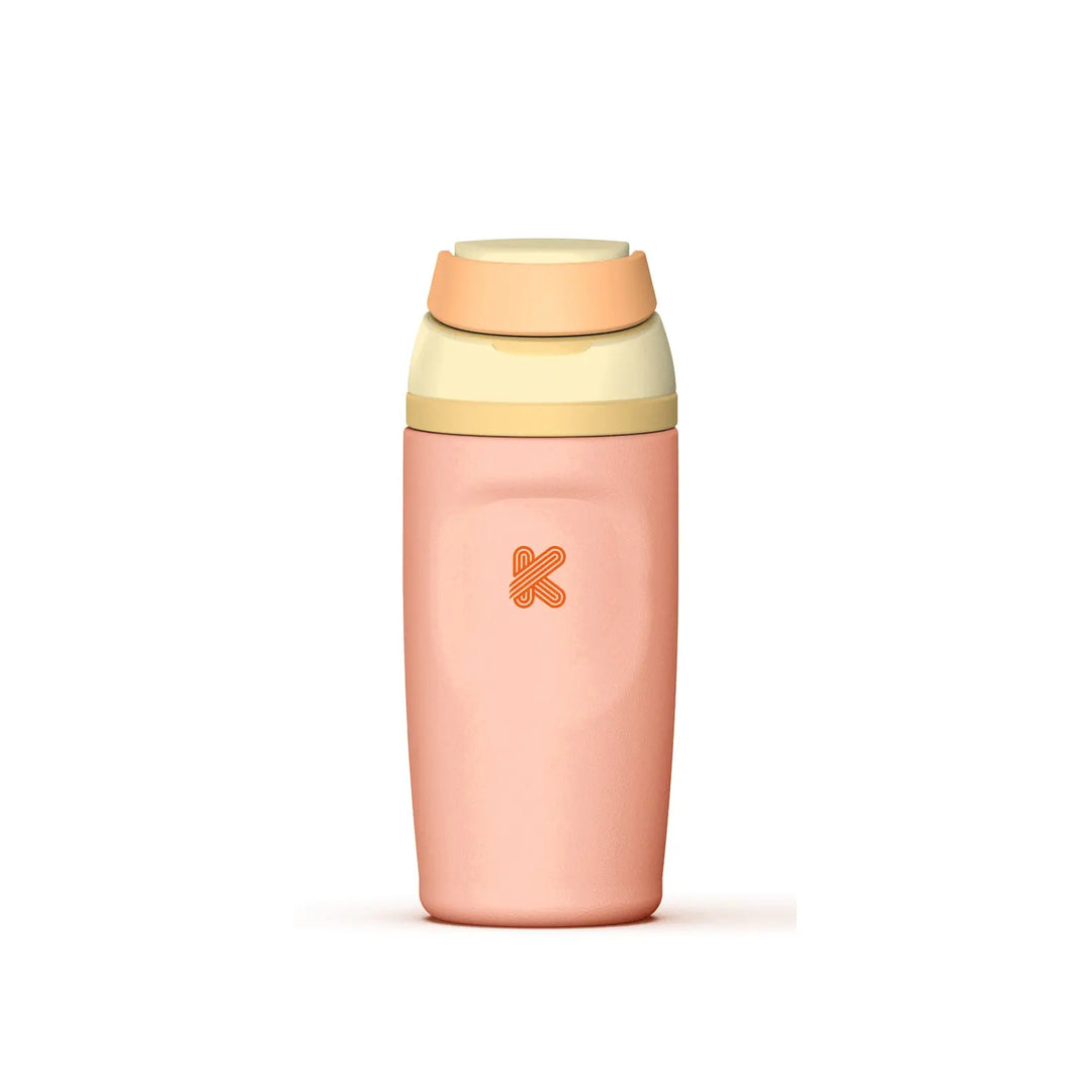 A reusable water bottle with a pastel pink body, a cream-colored neck band, and a peach-colored lid. The bottle features a small orange &