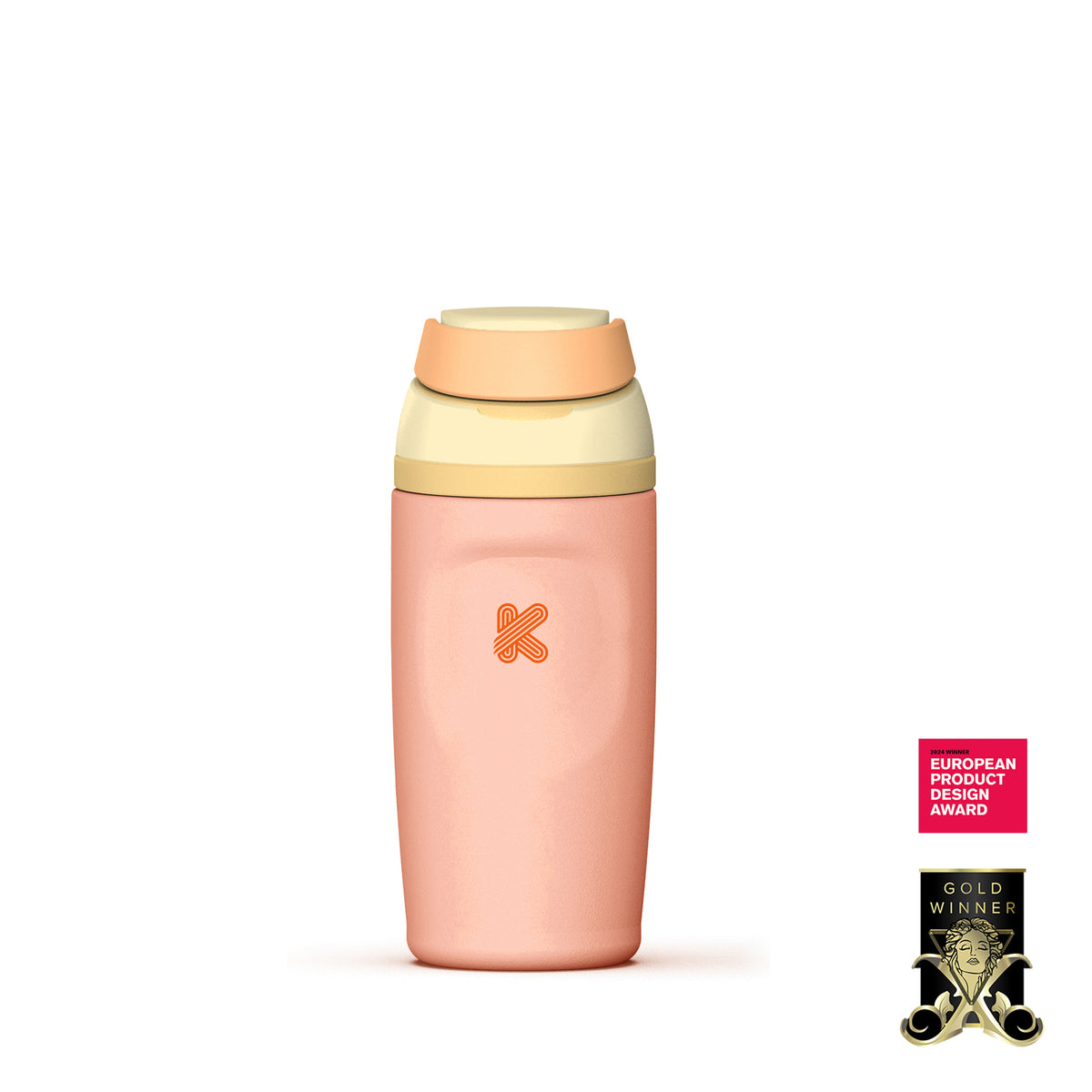 A reusable water bottle with a pastel pink body, a cream-colored neck band, and a peach-colored lid. The bottle features a small orange 'Kandis' logo on the front, set against a plain white background.