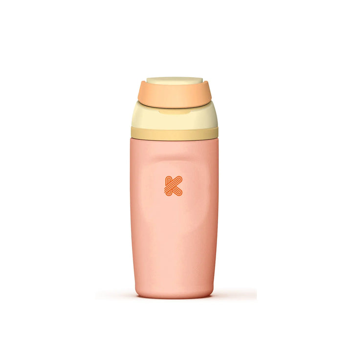 A reusable water bottle with a pastel pink body, a cream-colored neck band, and a peach-colored lid. The bottle features a small orange &