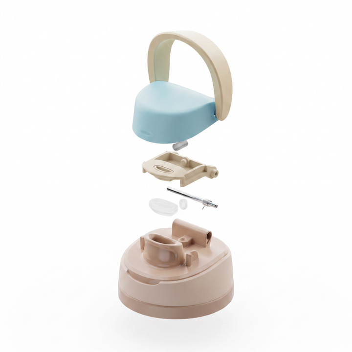 Water bottle flip cap exploded view with mechanisms.