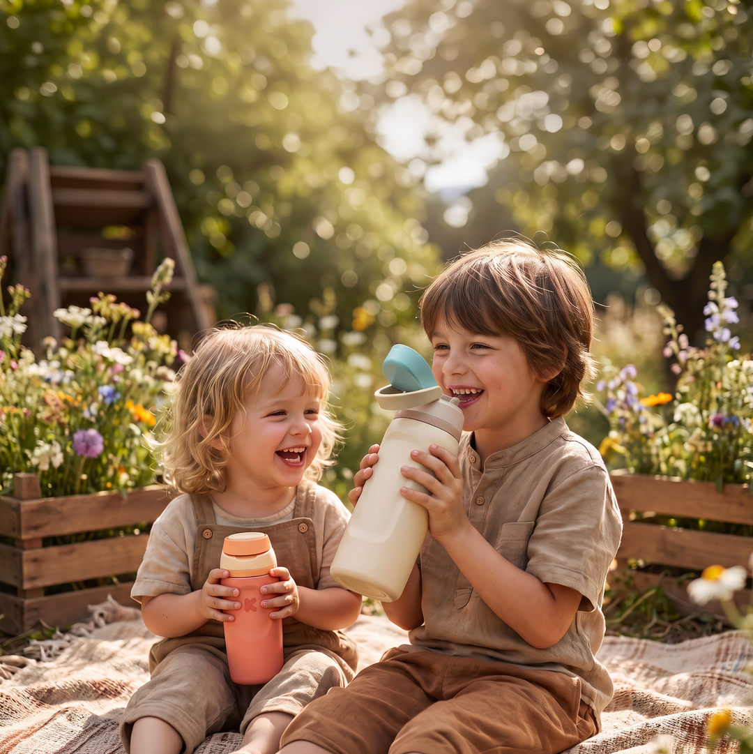 Two children sitting outdoors on a blanket in a sunny garden, smiling and holding reusable water bottles. One child holds a large white bottle with a gray cap and blue lid, and the other holds a smaller peach bottle.