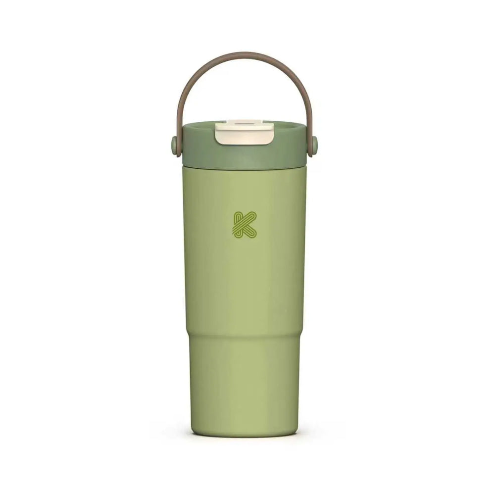 A tall insulated travel tumbler in sage green with a matching green lid, a brown carrying loop handle, and a small 'Kandis' logo on the front, set against a plain white background.
