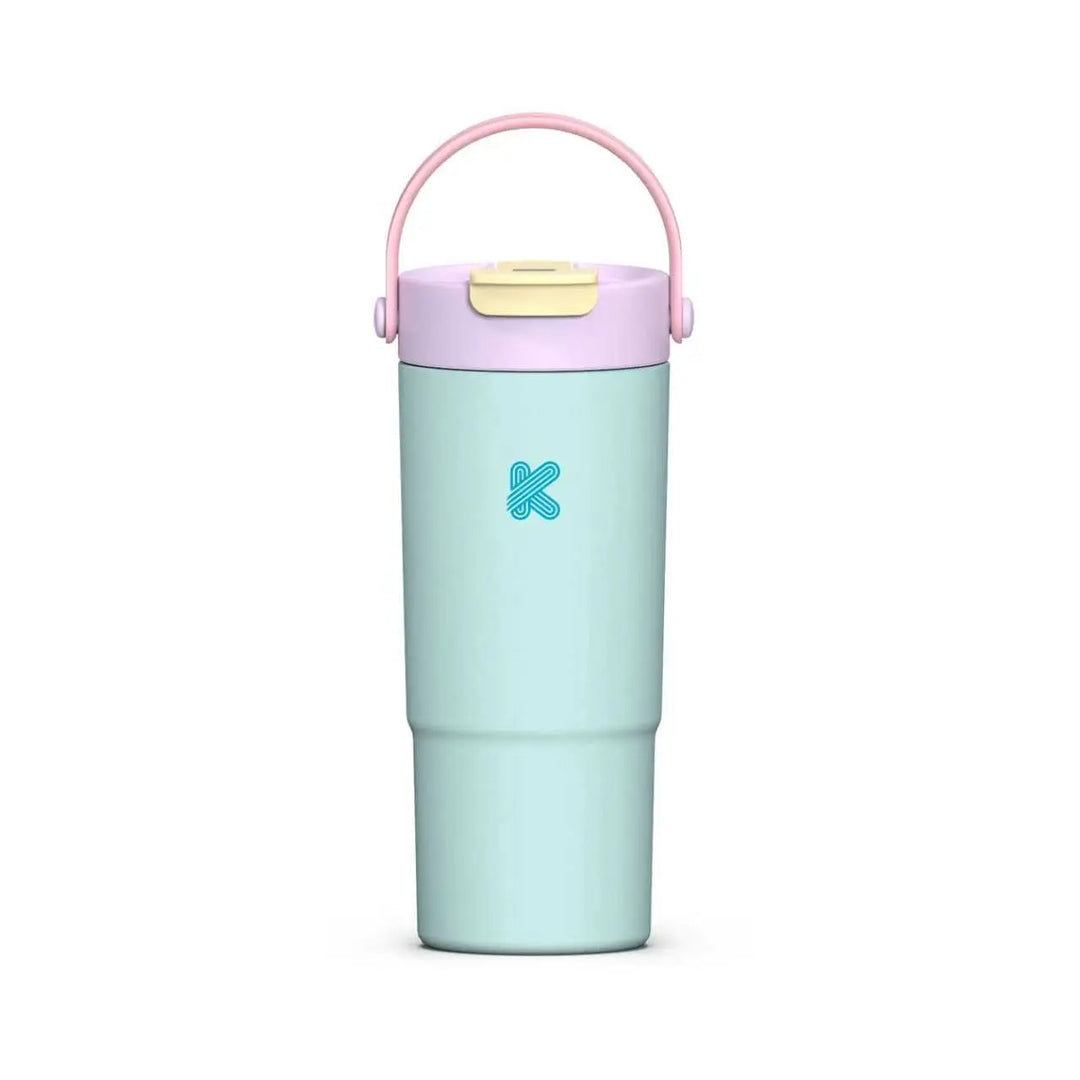 A light blue insulated travel tumbler with a pink carrying handle and a lavender lid, featuring a blue &