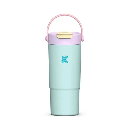A light blue insulated travel tumbler with a pink carrying handle and a lavender lid, featuring a blue 'Kandis' logo on the front.