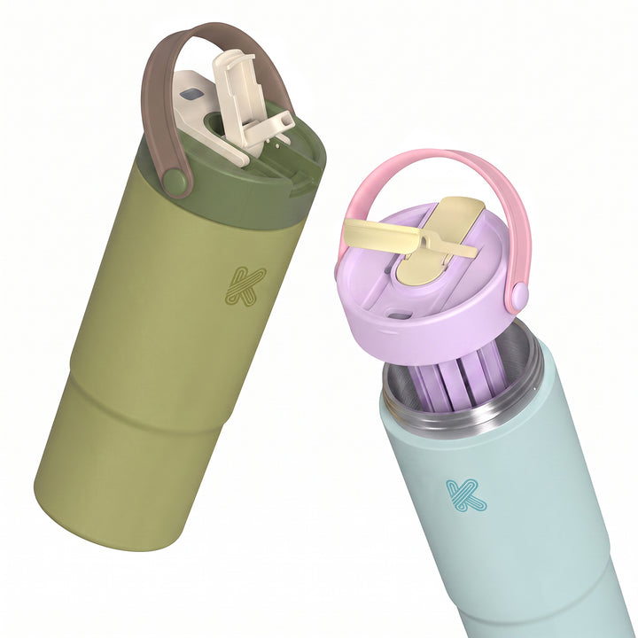 Two insulated water bottles with flip-top lids shown on a clean white background. One bottle is olive green with a brown handle and cream lid details, and the other is light aqua with a pink handle and lavender lid details.