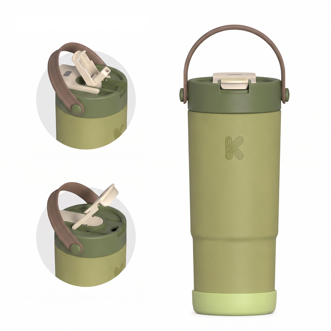 Close up detailed shots of a water bottle with different drinking options.