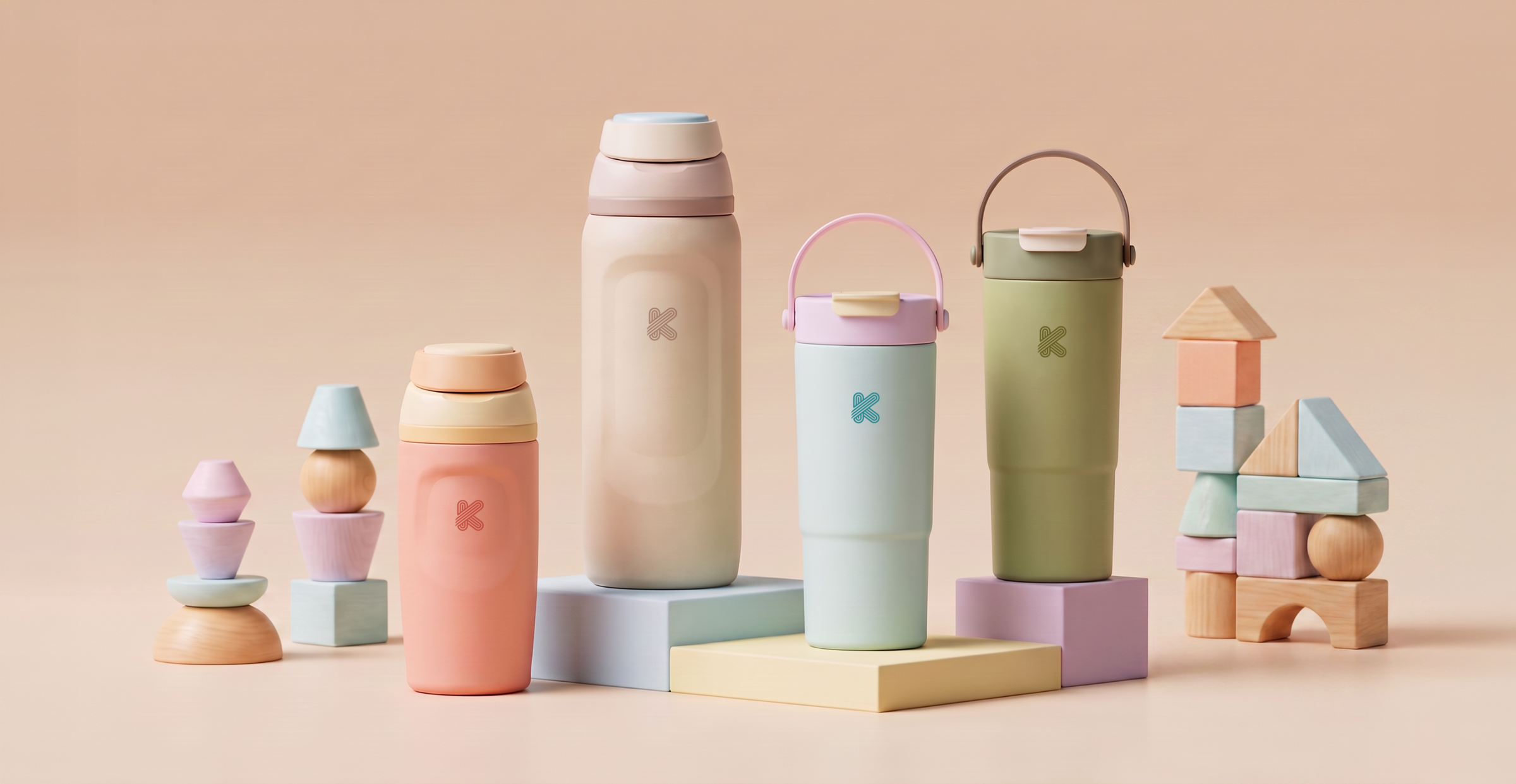Sippy water bottles in a studio shoot setup, with pastel themed backdrop and props.
