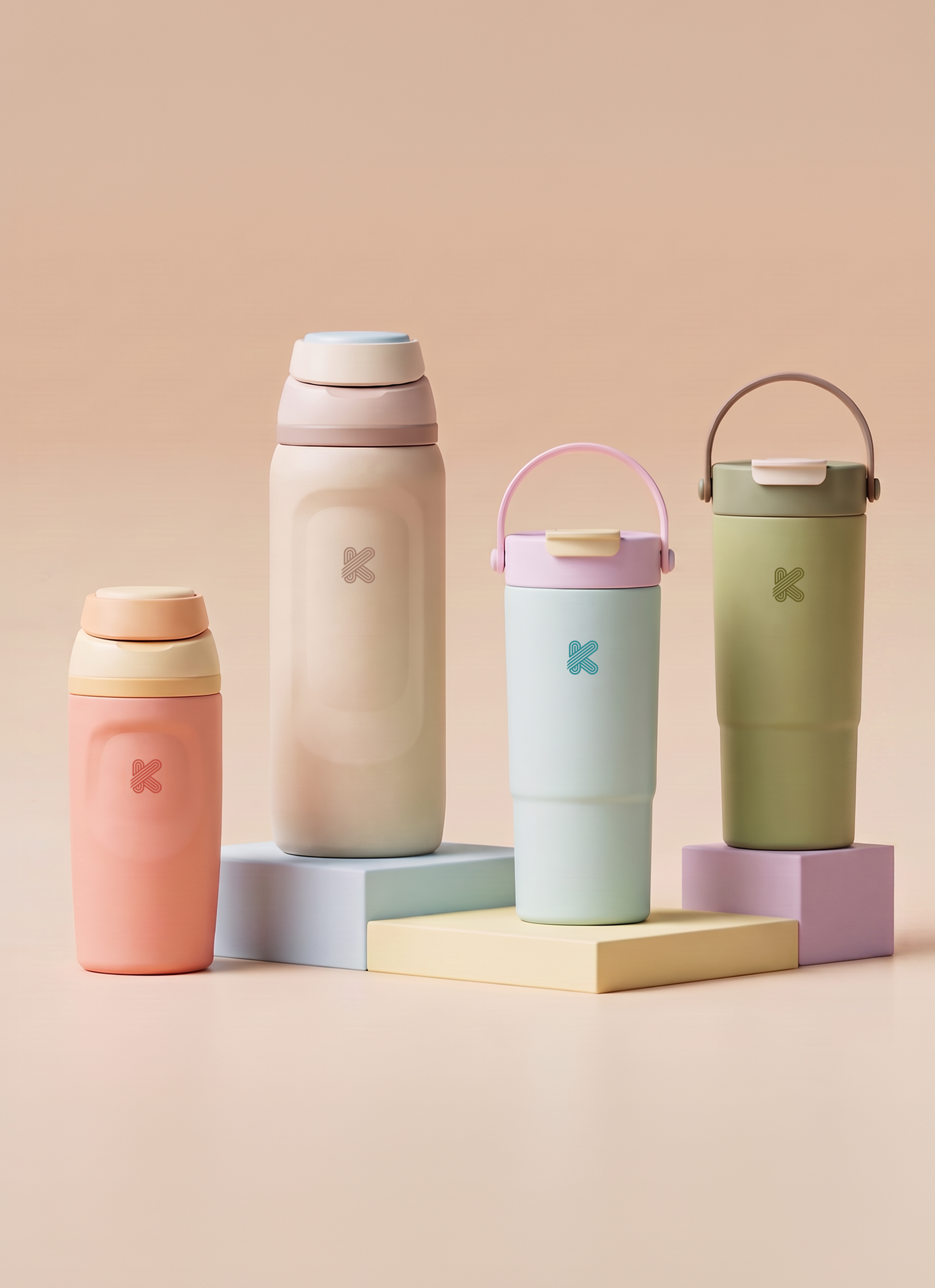 Sippy water bottles in a studio shoot setup, with pastel themed backdrop and props.