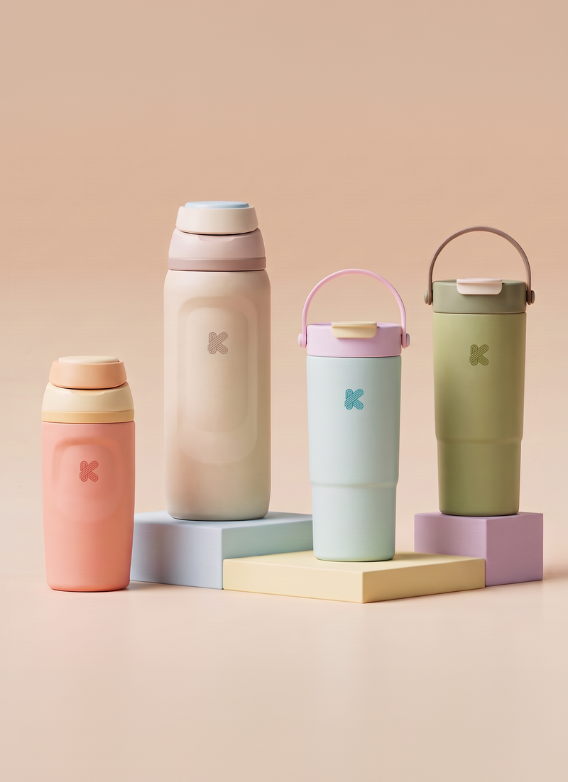 Sippy water bottles in a studio shoot setup, with pastel themed backdrop and props.