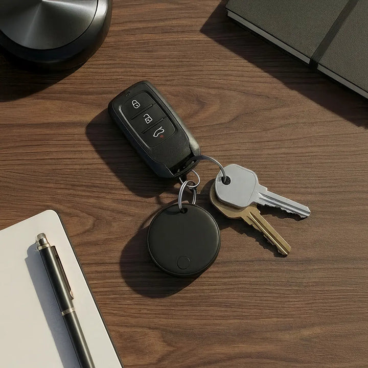 Keychain with keys and a bluetooth tracker on a wooden surface