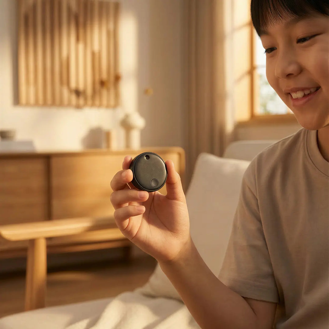 Child holding a bluetooth tracker in a cozy indoor setting